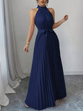 High-society Style Temperamental Off-shoulder Halter Neck Dress for Women, Summer Design with Cinched Waist, Tie-up Detail, Pleated, Loose Fit, and Full Flared Hem - Blue