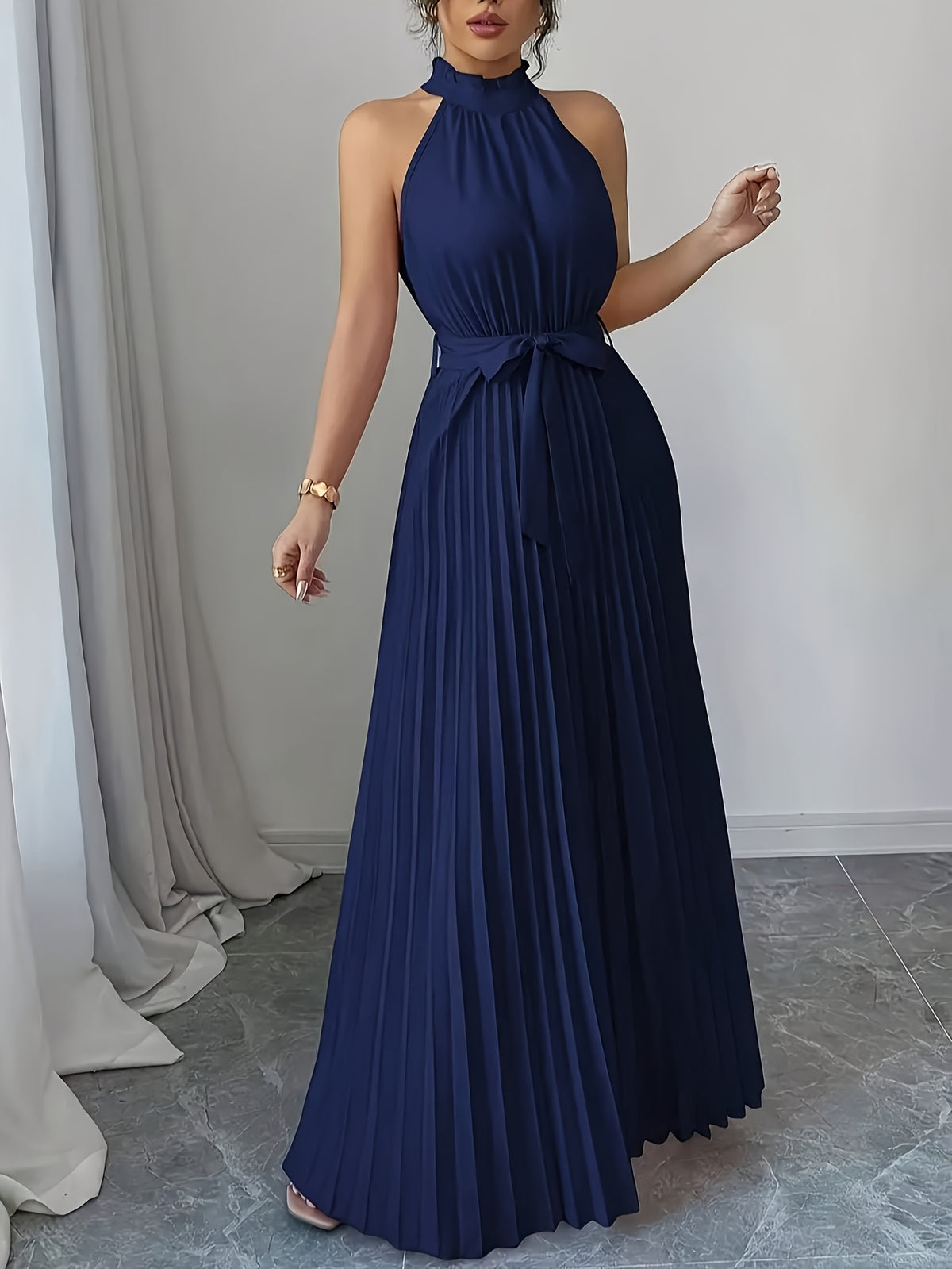High-society Style Temperamental Off-shoulder Halter Neck Dress for Women, Summer Design with Cinched Waist, Tie-up Detail, Pleated, Loose Fit, and Full Flared Hem - Blue