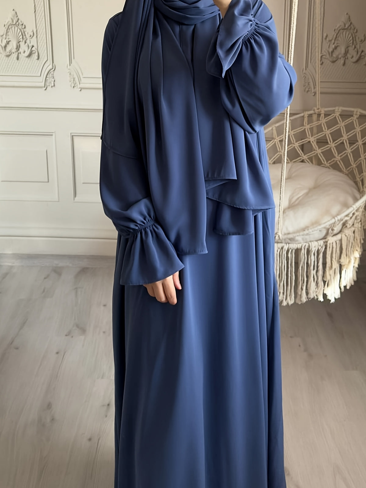 1pc Fashionable, Elegant And Casual One-Piece Solid-Colored Bellows Sleeve Suitable for Daily Wear. Loose And Comfortable Women'S Abaya Robe - Navy Color