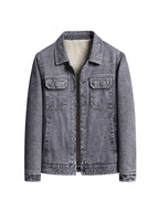 High-Quality Fashion Lapel Fleece-Lined Denim Jacket, Single-Breasted Simple Solid Color Men's Jacket with Large Pockets, Stylish Winter Thickened Men's Coat - Grey