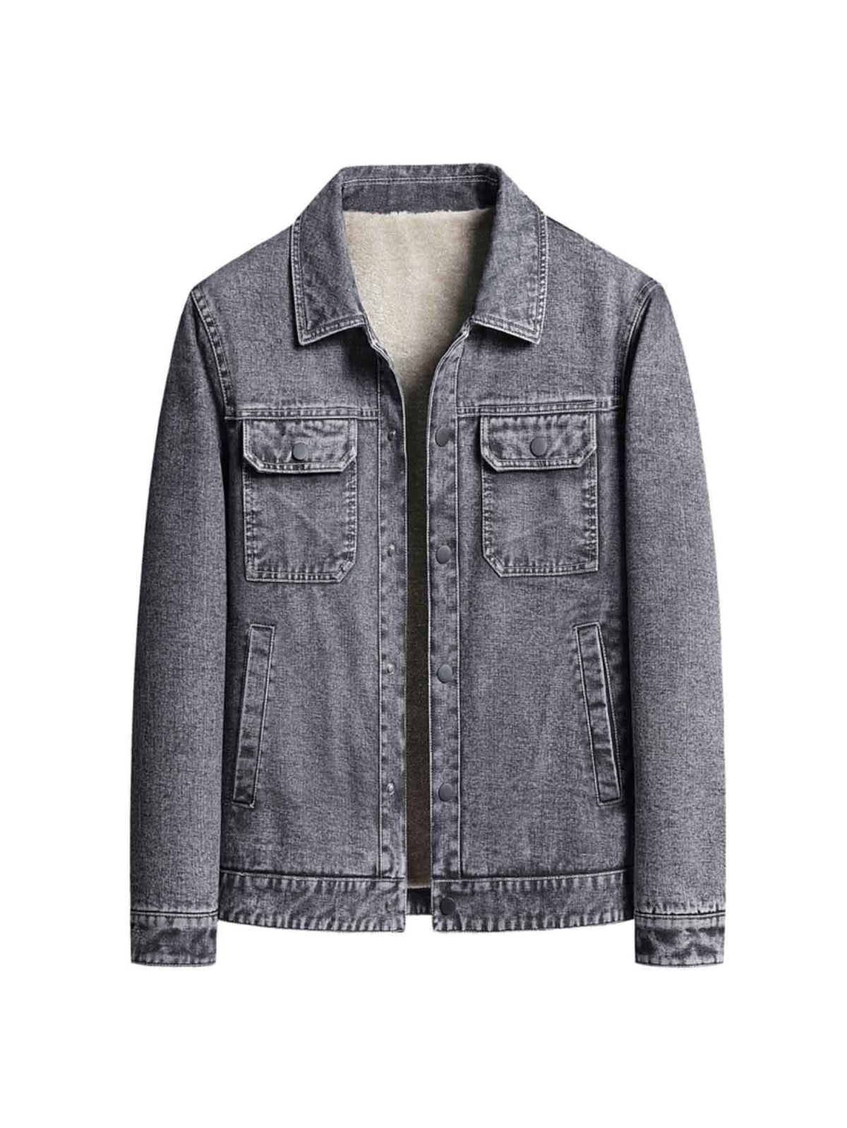 High-Quality Fashion Lapel Fleece-Lined Denim Jacket, Single-Breasted Simple Solid Color Men's Jacket with Large Pockets, Stylish Winter Thickened Men's Coat - Grey