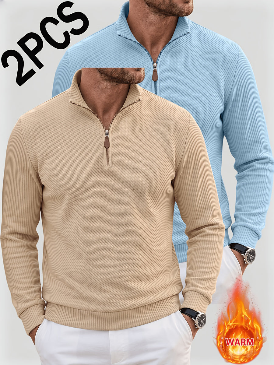 2pcs Men'S Autumn Winter New Corduroy Textured Half-Zip Stand Collar Knit Sweater Set, Light Luxury Long Sleeve Elastic Ribbed Base Layer Business Casual Inner Outerwear; Daily Commute, Home Entertaining, Camping Dating Scenarios - Khaki+Light Blue