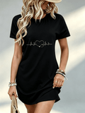 Printed Design - Not Textured, Casual Ladies Dress, Heartbeat Line Art Print, Daily Wear, Gift for Girlfriend, 100% Fiber - Black