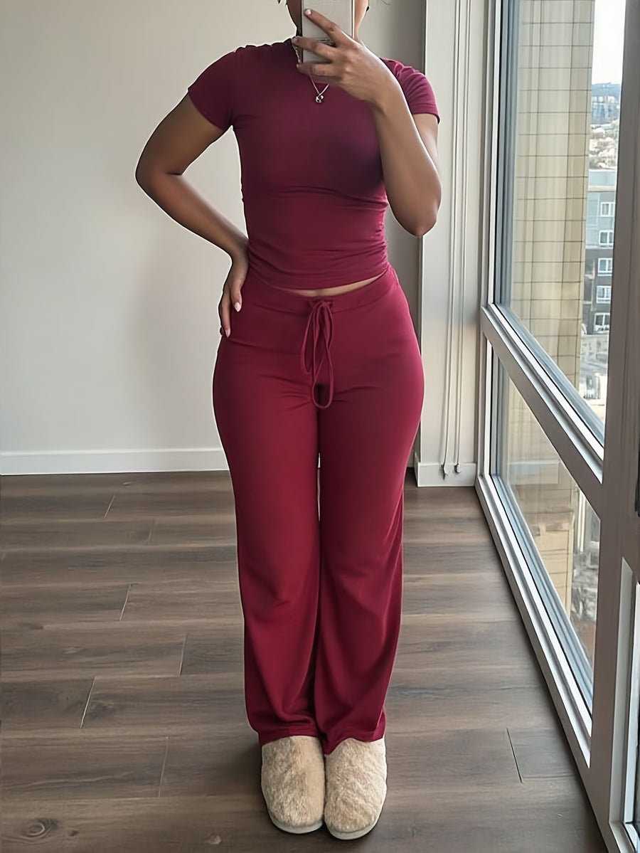 Women'S 2pcs Short Sleeve Top And Wide-Leg Pants Set, Fake Drawstring Waistband, Casual All-Season Outfit, Comfortable Home Wear, Daily Attire, Casual Style, Short Sleeve Top, Women'S Set, Women'S Clothing, Fashion Top, Autumn Women'S Wear - Burgundy