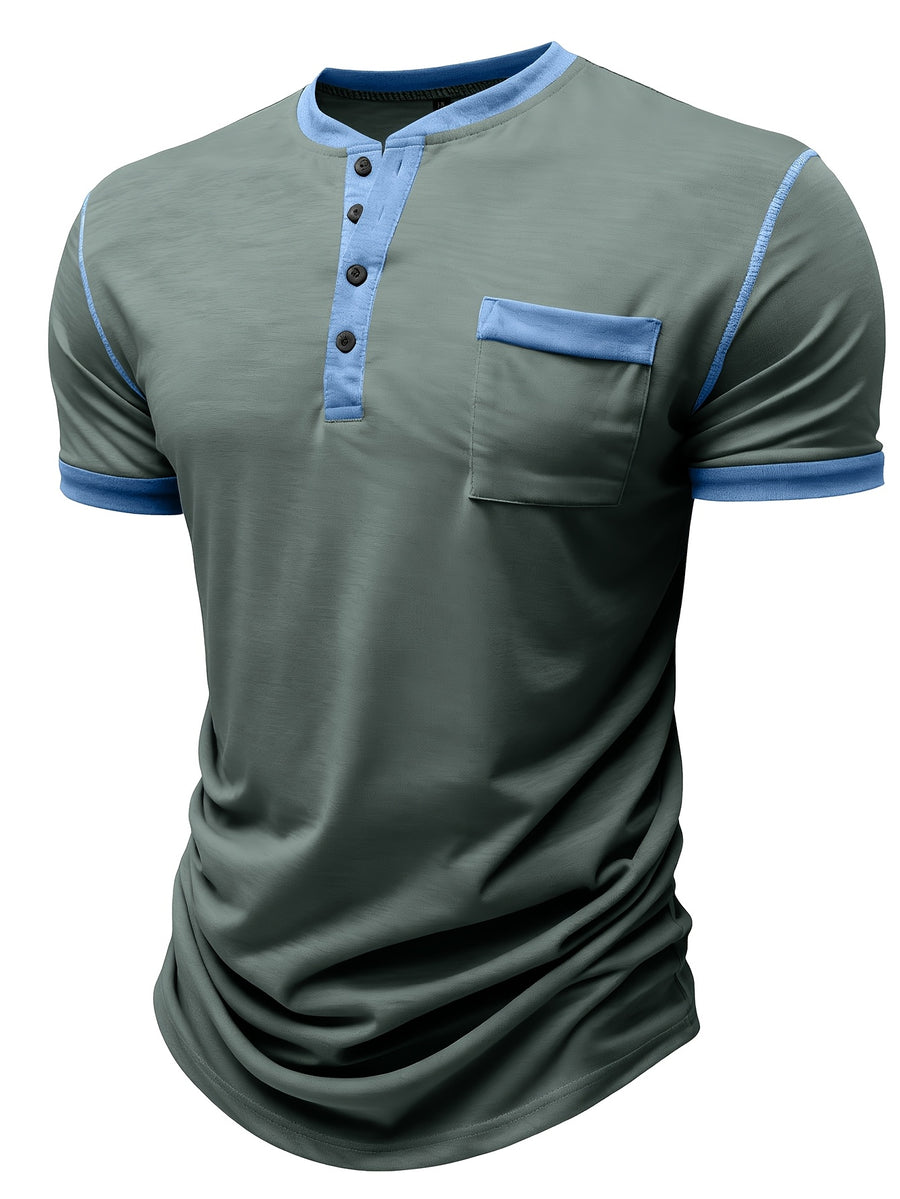 Summer Men'S Short Sleeve T-Shirt Classic Henry Shirt Men'S Short Sleeve Shirt Soft And Skin-Friendly A Must-Have for Summer Breathable And Cool Two-Piece Set for - Green with Light Blue