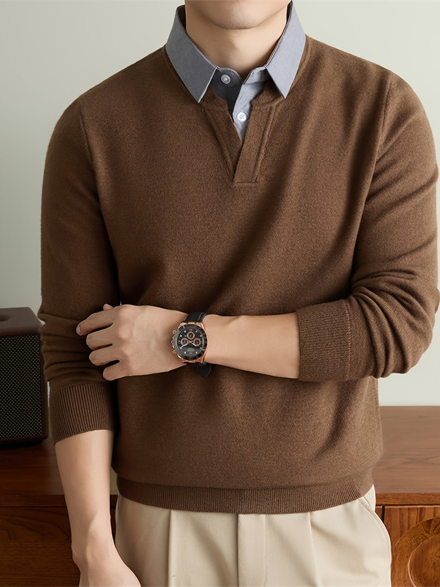 Men'S Thickened Polo Collar Faux Two-Piece Sweater, Autumn Winter Business Commute Sweater, Contrast Shirt Collar Pullover Top - SINBOS, Knit - Mocha Brown