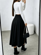 Spring and Autumn Women's High-Waist Pleated Skirt, Waist-Cinching Spicy Style, Versatile,, and Elegant Midi Length - Black