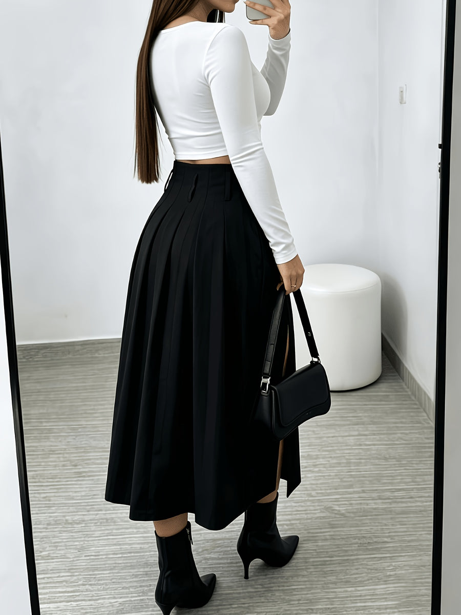 Spring and Autumn Women's High-Waist Pleated Skirt, Waist-Cinching Spicy Style, Versatile,, and Elegant Midi Length - Black