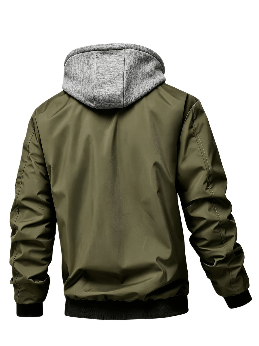 Spring Autumn Men'S Jacket Faux Two-Piece Hooded Cardigan Sports Casual Preppy Outdoor Quilted Cargo Jacket Bomber Jacket - fern green