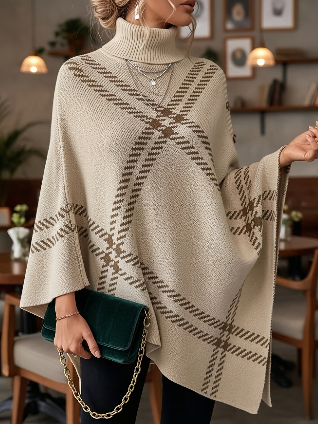Elegant Special "Pure Body Bust" 1pc Elegant Women's Plaid High-Neck Pullover Shawl, Side Faux Button Decoration, Asymmetrical Hem Design, 100% Polyester, Fashionable Vintage Pullover, Elegant Outerwear for Autumn and Winter. Suitable for Spring - Apricot