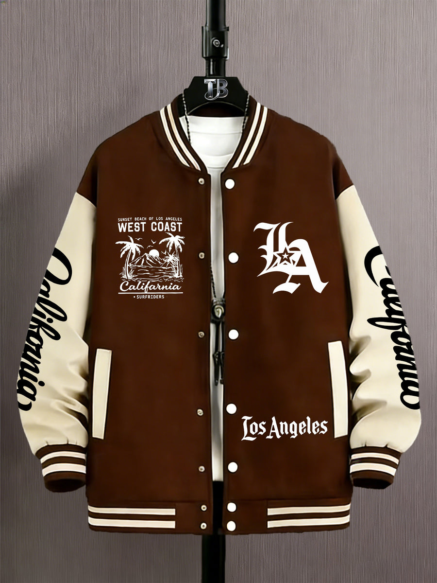Men'S Trendy Baseball Jacket - LA WEST COAST Pattern - Contrast Sleeve Style - Button Closure And Stretch Fabric All-Season Versatile Comfortable Outerwear - Ideal for Outings, Travel, Friends Gatherings, And Commuting, Loose Fit Machine Washable - Dark Brown