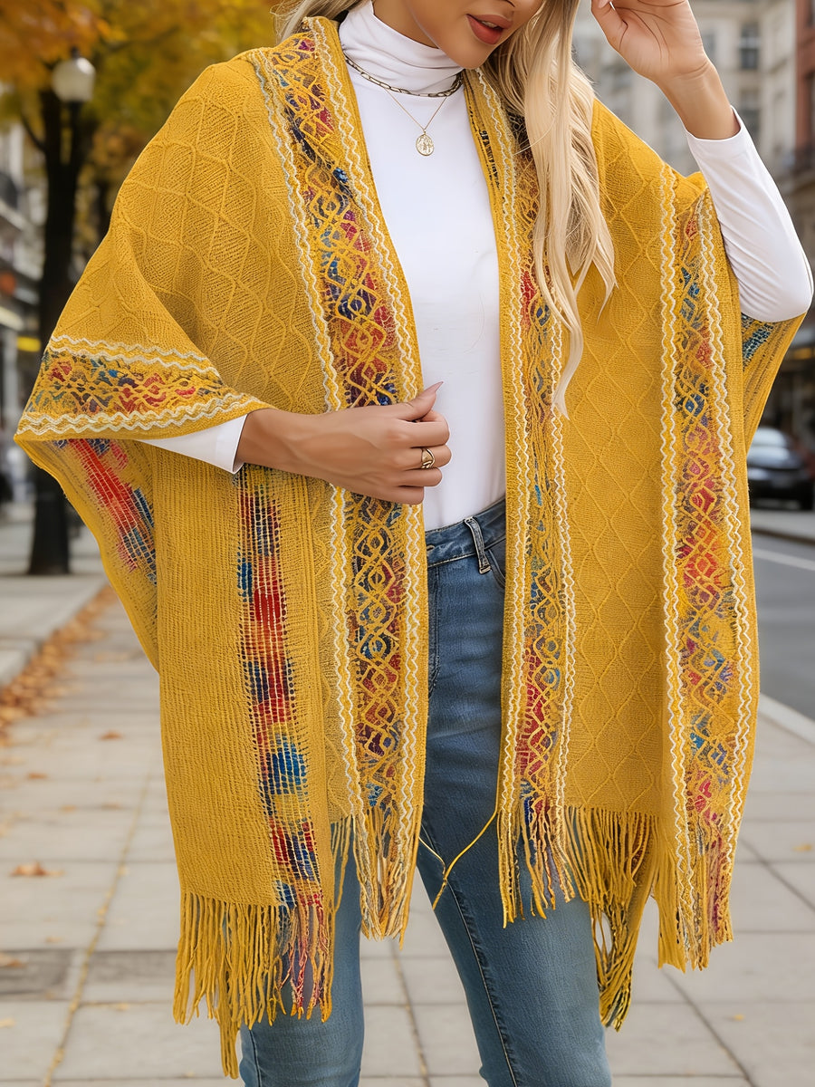 Elegant Special Edition 'Net Body Bust' Vacation Style 1pc Women's Diamond Jacquard Hooded Cape Cardigan, Vintage Ethnic Style Solid Color Tassel Fashionable Elegant European and American Style Warm Sweater Coat, Suitable for Spring, Autumn - Golden Yellow