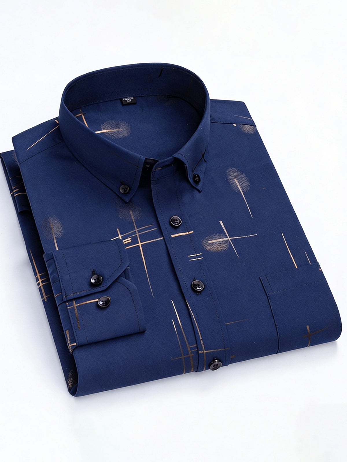 Men'S Long-Sleeve Shirt with Bronzing Print, Business Casual Wrinkle-Resistant Shirt, Light Luxury Versatile Top for Middle-Aged And Young Men - Navy Color