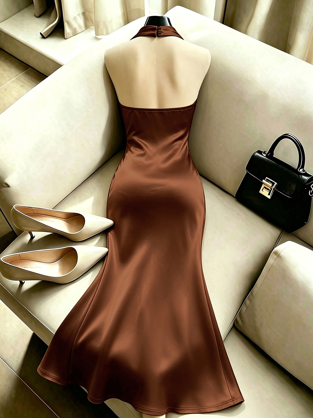 YYTT Glossy Fabric Halter Evening Dress, Light Luxury Socialite Style Halter Dress, Backless Skirt, Light Mature Date Commute Style Halter Long Dress, Evening Formal Wear Outfit, Couple Date Ambiance Outfit SP26103 - Coffee Brown