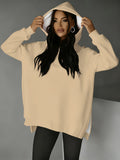 Fashionable Women'S Hooded Sweatshirt with Side Slit Design, Suitable for Autumn And Winter, Perfect for Casual Wear, Light Khaki Solid Color Easy Commuter Loose Sweatshirt - Mixed colors