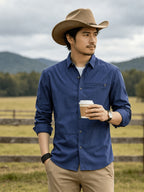 Men's Casual Long-Sleeve Shirt with Lapel and Faux Pocket Design, Slim Fit for a Slimming Look, Durable and Wrinkle-Resistant for Daily Outdoor Casual Wear, Business-Casual Solid Color Shirt - Dark Blue