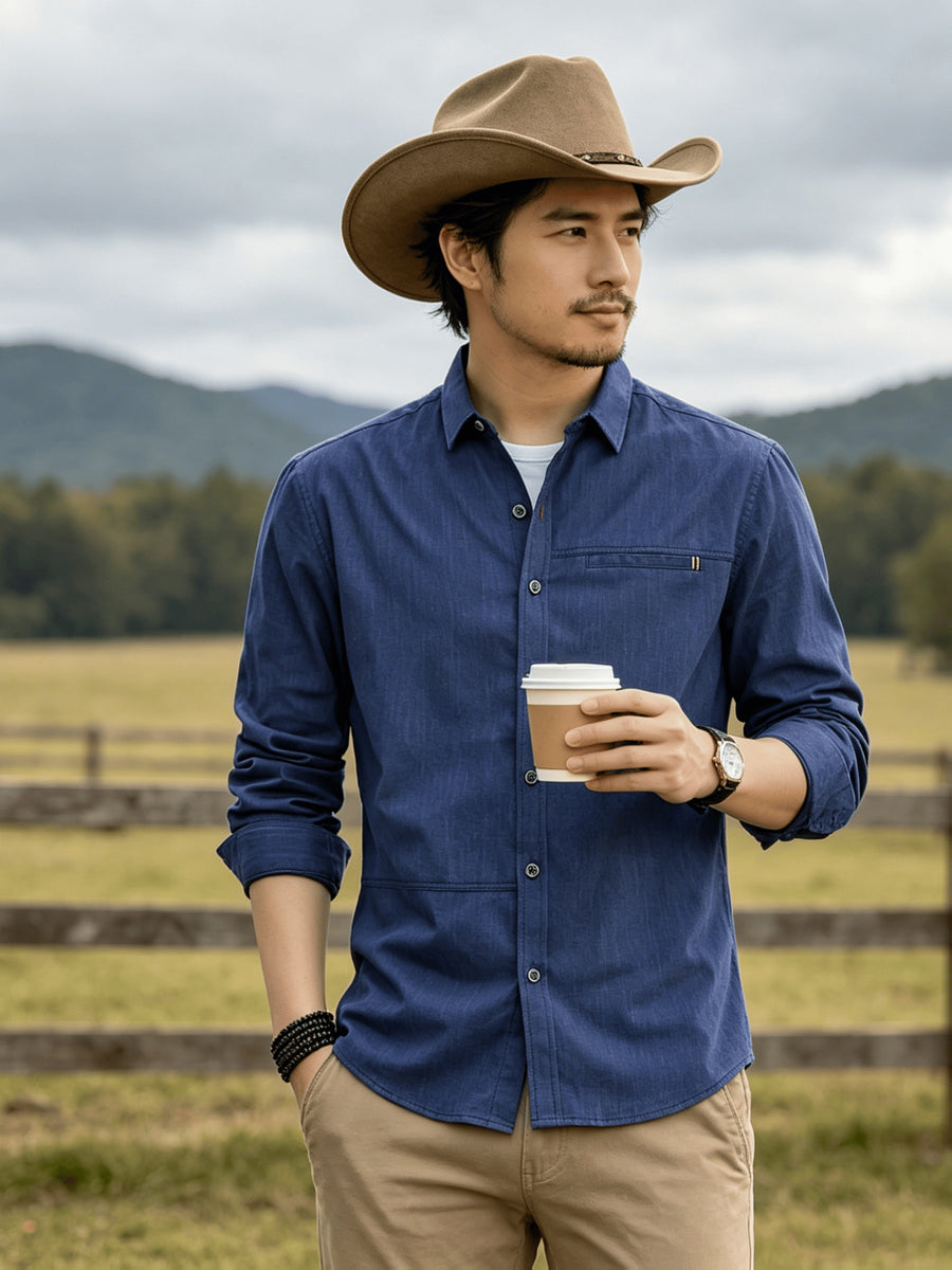 Men's Casual Long-Sleeve Shirt with Lapel and Faux Pocket Design, Slim Fit for a Slimming Look, Durable and Wrinkle-Resistant for Daily Outdoor Casual Wear, Business-Casual Solid Color Shirt - Dark Blue
