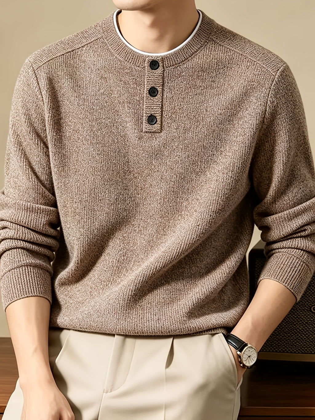 Men'S Henley Collar Knit Pullover Sweater, Half-Button Placket Design, Contrast Edge Trim Neckline Casual Easy Knit Top - Coffee Color