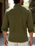 Men'S Fashion Polo Neck Linen Breathable Comfortable Casual All-Season Long Sleeve Shirt, Spring And Summer, Regular Fit, Polo Collar, Daily, Button - Olive
