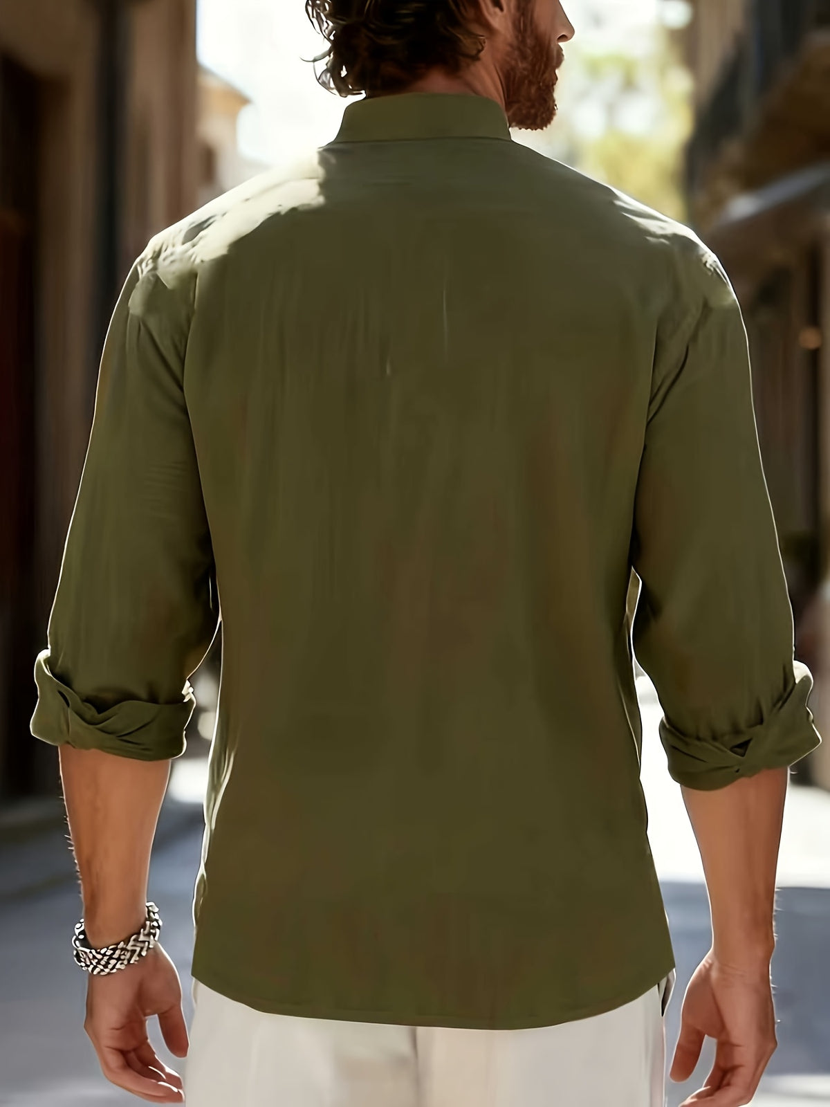 Men'S Fashion Polo Neck Linen Breathable Comfortable Casual All-Season Long Sleeve Shirt, Spring And Summer, Regular Fit, Polo Collar, Daily, Button - Olive