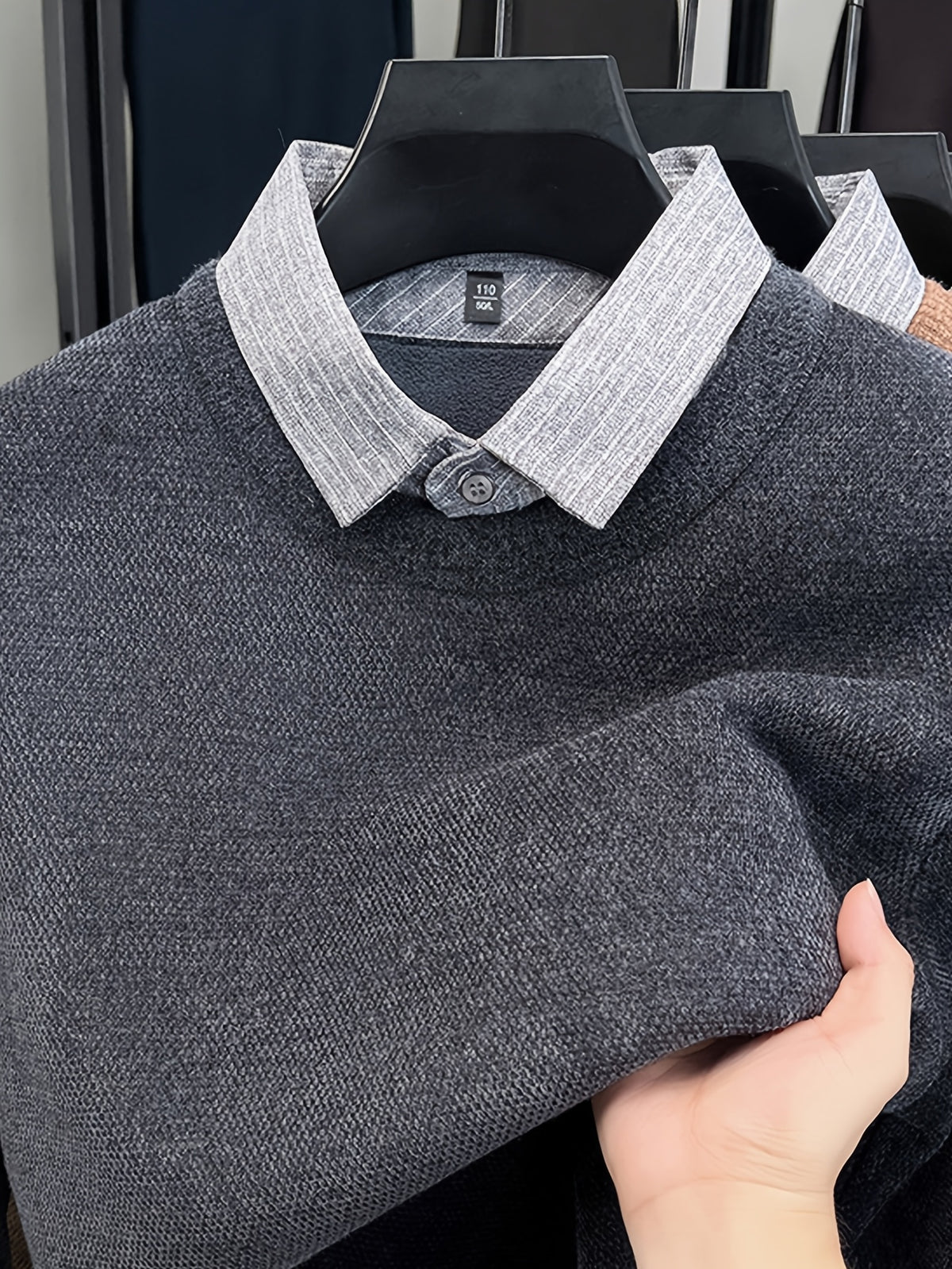 Men'S Faux Two-Piece Shirt Collar Knit Sweater, Commute Style Instant Shape, No Extra Prints, Texture-Driven Quality, Business Casual Dual Compatibility - SINBOS - Grey