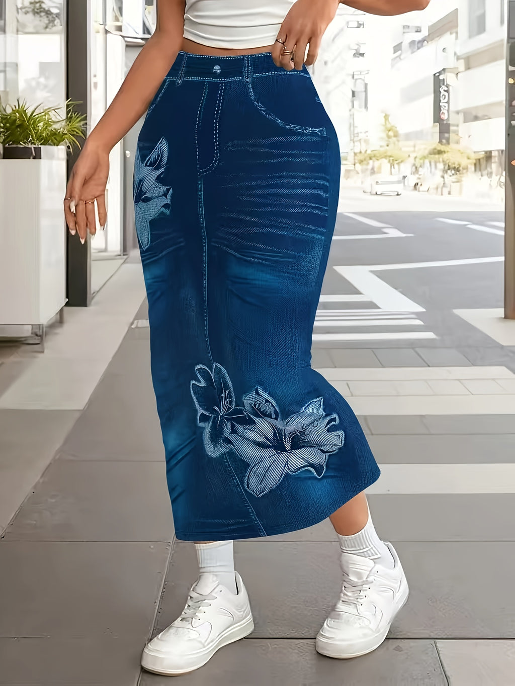 [Printed Skirt - Not Denim Fabric]BK0627104 Women'S Floral Bodycon Mid-Length Dress in a Faux Denim Style - Navy Color