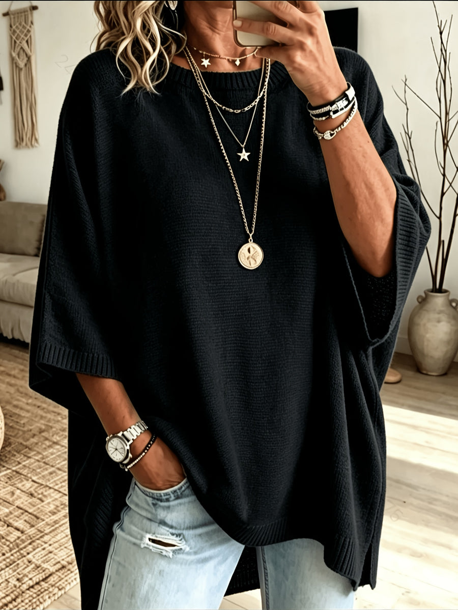 Plus Size, Women's Spring/Autumn Elegant Casual Cute Sexy Middle Eastern Style Spring/Autumn/Winter Solid Color Round Neck Batwing Sleeve Split Hem Irregular Loose Soft Warm Shawl Cape Pullover Sweater Top - Black