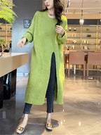 Autumn Winter Lazy Style Round Neck Pullover Sweater Dress For, Loose Over-The-Knee Mid-Length Side Slit Dress - Green