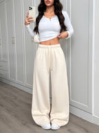 Women's Heavyweight Casual Pants with Elastic Waistband and Drawstring, Apricot Color, -Lined for Warmth - Apricot