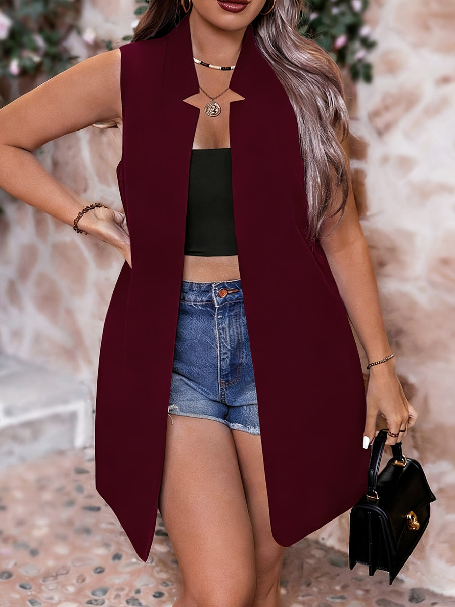 Women's Sleeveless Cardigan Midi Vest, Buttonless Design - Commuter Fashion All-match Shawl - Wearable in All Seasons - 100% Polyester Fiber Material - Machine Washable - Women's Teacher Outfit - Office Wear, Home Wear - Burgundy