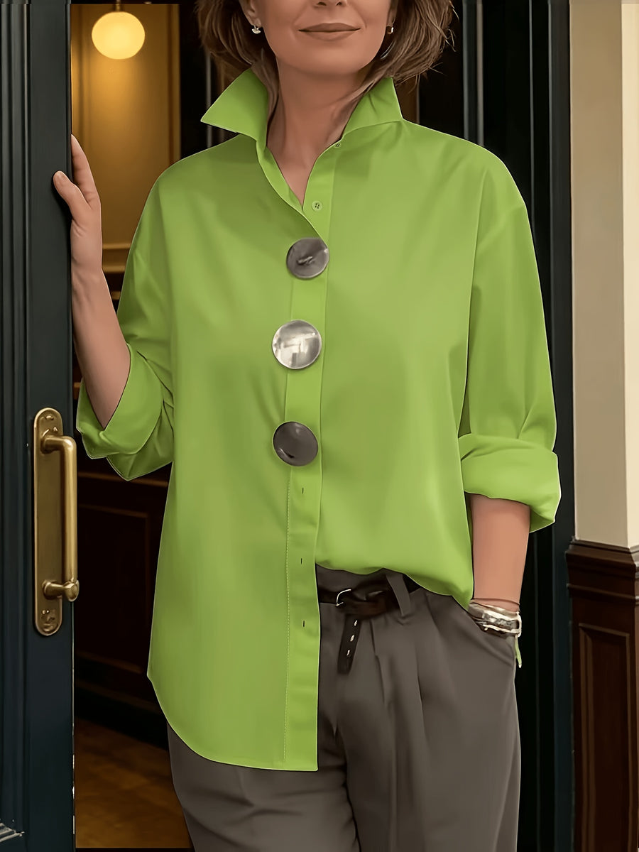 2026 Spring New Arrival Women's Large Button Shirt, Loose Fit Silhouette, Conceals Figure and, French-Style Commuter Elegance Long Sleeve Blouse, Versatile Designer Top - Light Green