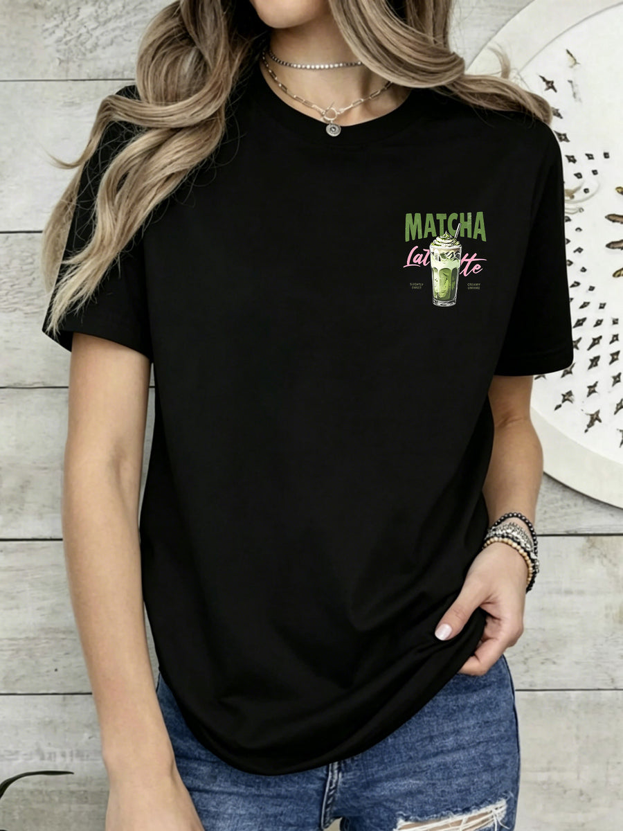 Short Sleeve T-Shirt with Front And Back Panels - Matcha Latte, Japanese Dessert Fashion Print - Women'S Spring Summer Trendy Printed T-Shirt, Fashion Item - Black
