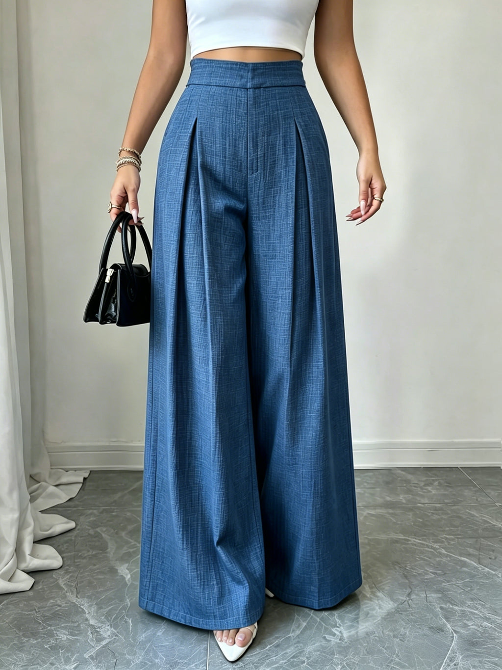 Women'S Dusty Blue Striped Trousers, High-Waist Elegant Summer Commuter Casual Pleated Elastic Waist Wide-Leg Pants, Suitable for Spring And Autumn - Blue