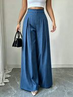 Women'S Dusty Blue Striped Trousers, High-Waist Elegant Summer Commuter Casual Pleated Elastic Waist Wide-Leg Pants, Suitable for Spring And Autumn - Blue