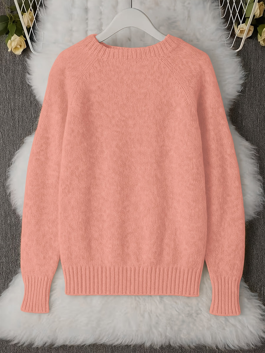 French-style Round-neck Sweater, Soft and Cozy, Elegant Design, Perfect for Spring and Autumn Commuting and Outings - Coral