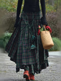 Women's Vintage Asymmetrical Tiered Maxi Skirt - Double-Sided Plaid Pattern, Loose A-Line Silhouette, Polyester Long Flowy Skirt for Spring & Fall, Machine Washable - Black