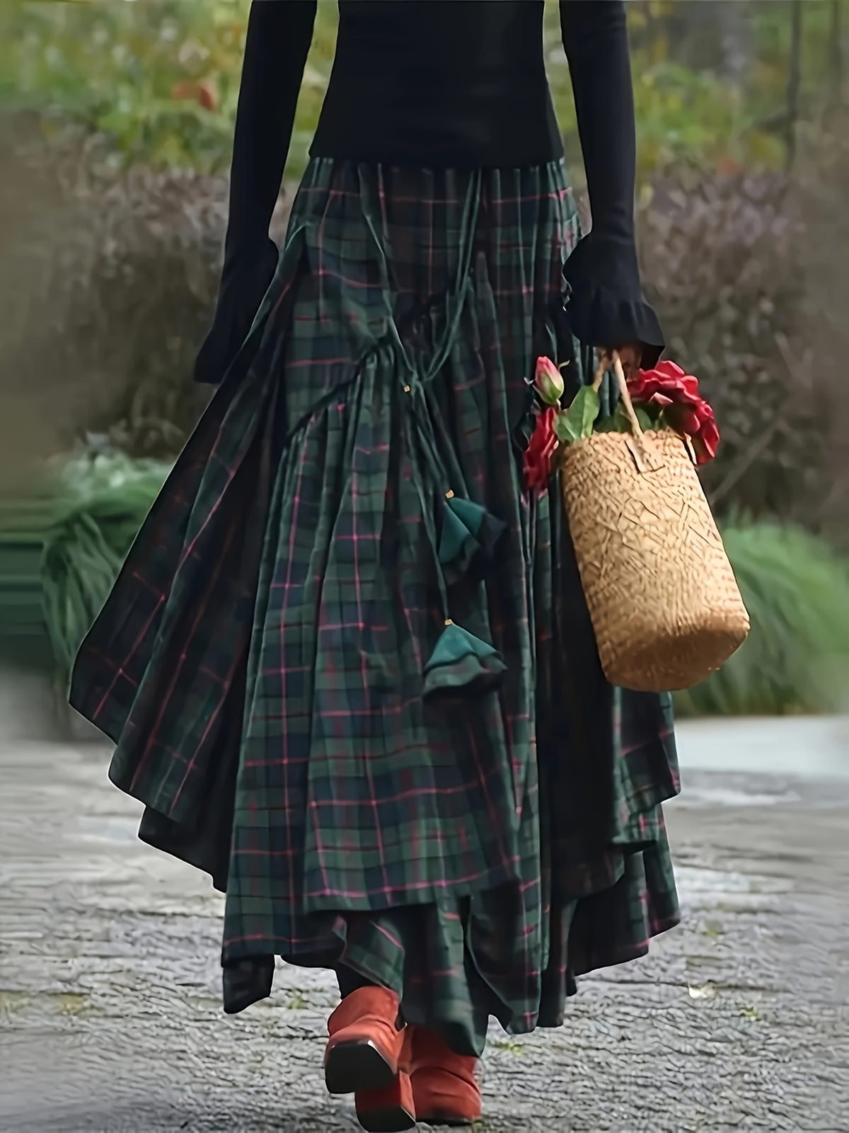 Women's Vintage Asymmetrical Tiered Maxi Skirt - Double-Sided Plaid Pattern, Loose A-Line Silhouette, Polyester Long Flowy Skirt for Spring & Fall, Machine Washable - Black