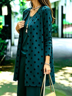 Plus Size, Plus-size Women's Casual 3pcs Set: A Casual and Comfortable Solid-color Vest, a Polka-dot Print Long-sleeve Cardigan, and Loose-fitting Casual Trousers, Stylish Leisurewear - Peacock Blue