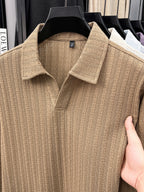 Mature Men'S Knit Long Sleeve Polo Shirt, Multi-Cable Design Heavyweight Style Multi-Color Available Textured Ribbed Fabric, V-Neck Long Sleeve Design, Delicate Vertical Ribbed Jacquard Texture, Light Mature Business Casual Style - Khaki
