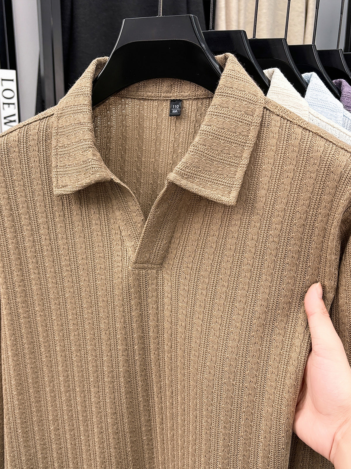 Mature Men'S Knit Long Sleeve Polo Shirt, Multi-Cable Design Heavyweight Style Multi-Color Available Textured Ribbed Fabric, V-Neck Long Sleeve Design, Delicate Vertical Ribbed Jacquard Texture, Light Mature Business Casual Style - Khaki