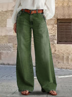 2558# New Women'S Olive Green Multi-Button Washed Loose Wide-Leg Casual Jeans - Olive Green