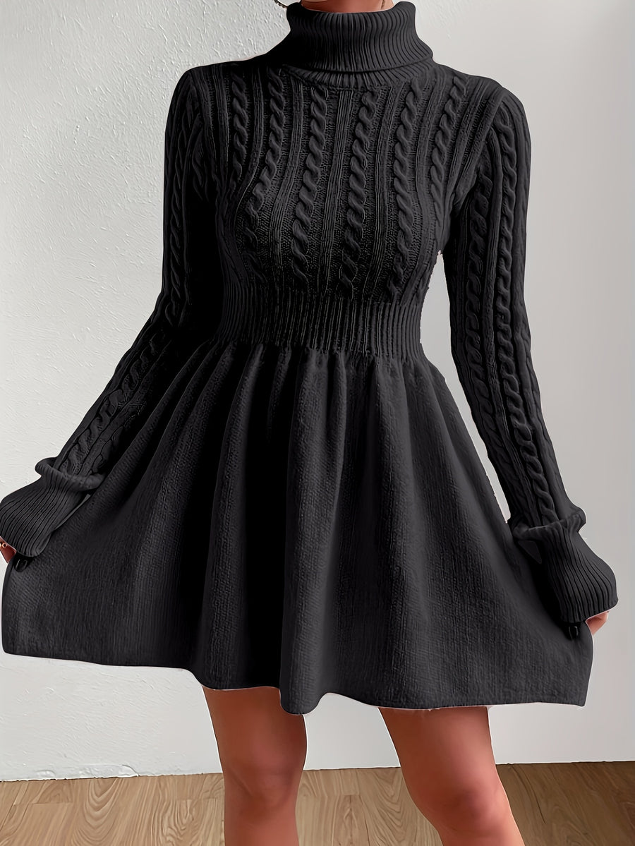 High-Neck Pink Mini Sweater Dress A-Line Dress Christmas Sweater Dress for Women - Black
