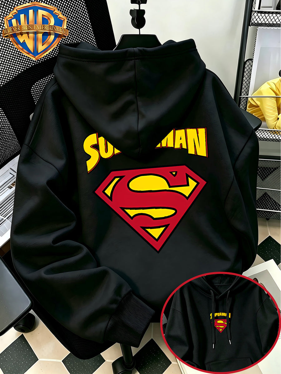 Warner Bros Official Autumn/Winter Casual Sporty Loose Hooded Sweatshirt, DC Superman SUPERMAN Emblem Logo Trendy Cool Vintage Print, Men's Casual Versatile Adjustable Drawstring Sweatshirt, Comfortable and Casual Autumn/Winter Wear - Black