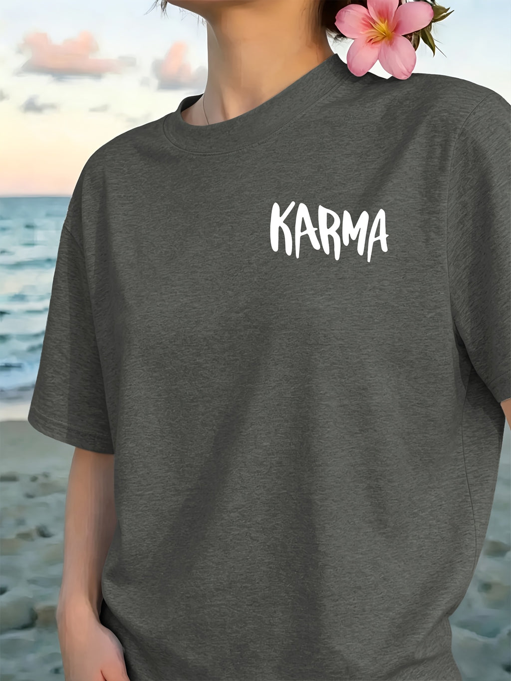 Front And Back Print T-Shirt, Cause And Effect, KARMA Pattern Women'S Round Neck Casual Short Sleeve Top, Trendy Fashion Casual Style, Women'S Double-Sided Printed Top, Round Neck Women'S Short Sleeve T-Shirt S-XXL - Black Gray