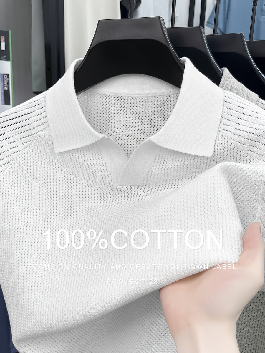 100% High Quality Light Luxury Style Men'S Short Sleeve Seagull Collar Pullover Knit POLO Shirt Fashion Casual Suitable for Outdoor Sports Golf Base Layer Top Vertical Stripe Pinstripe Texture Hollow Design Easy Commuter Light Business Style Lapel C - Pearl White