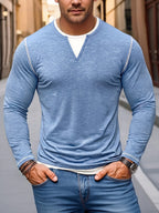 [ROYALBOY] Autumn New Pure Color Individual Design Hasselblad Thread V-Neck Long Sleeve, Casual All-Match Commute Essential, Party, Fashionable Versatile - Sky Blue