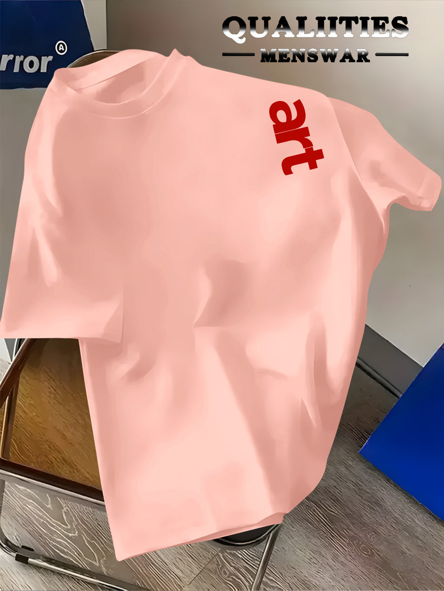 Men'S Fashion Short Sleeve T-Shirt, Minimalist Red Letter Pattern Print, Casual Regular Knit Tee, Suitable for Daily Wear, Couple Style, Unisex, Summer New Arrival, Versatile Style - Pink Color
