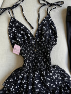 Women's Small Floral Print Spaghetti Suspender Dress - Black