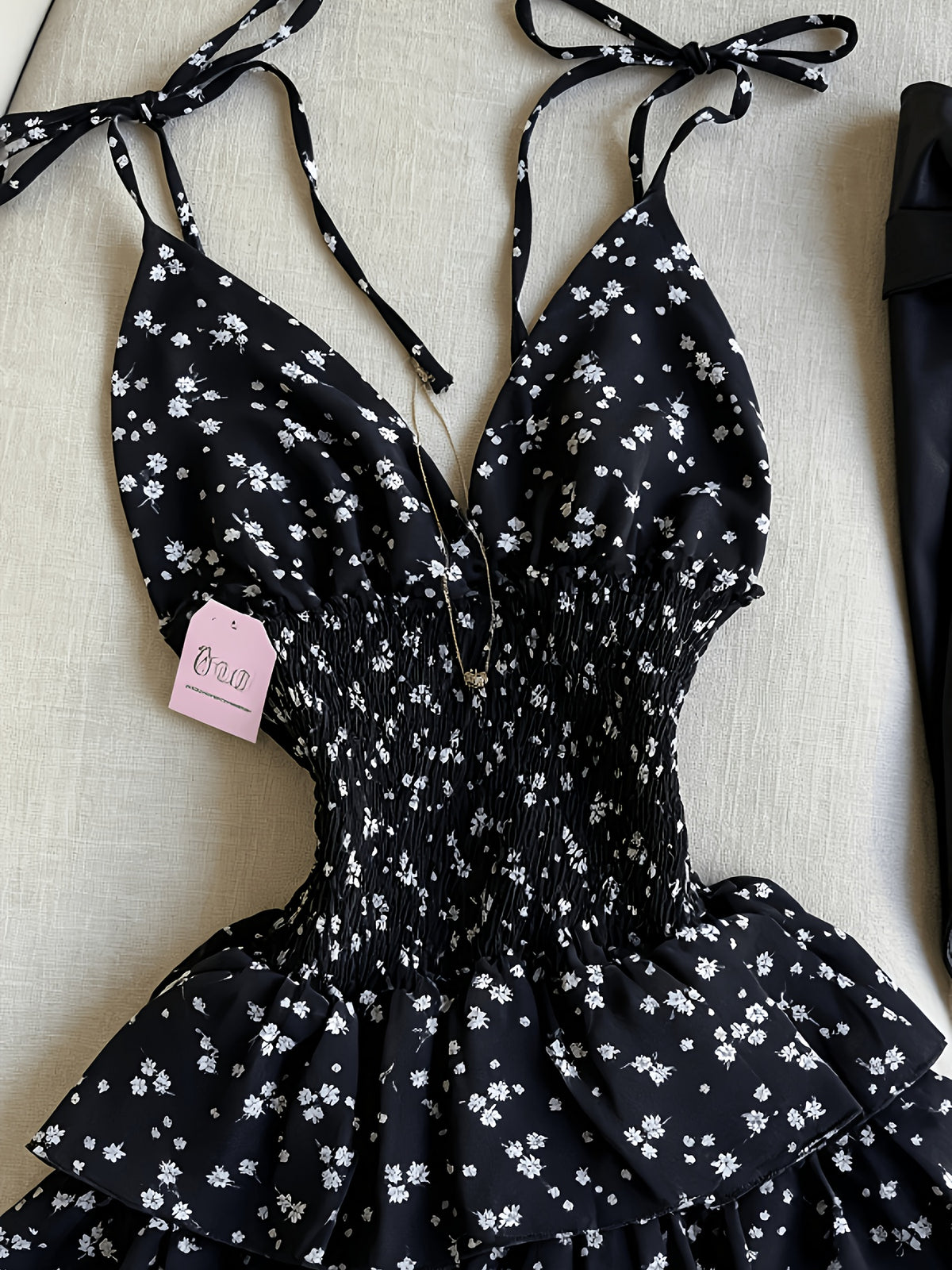 Women's Small Floral Print Spaghetti Suspender Dress - Black