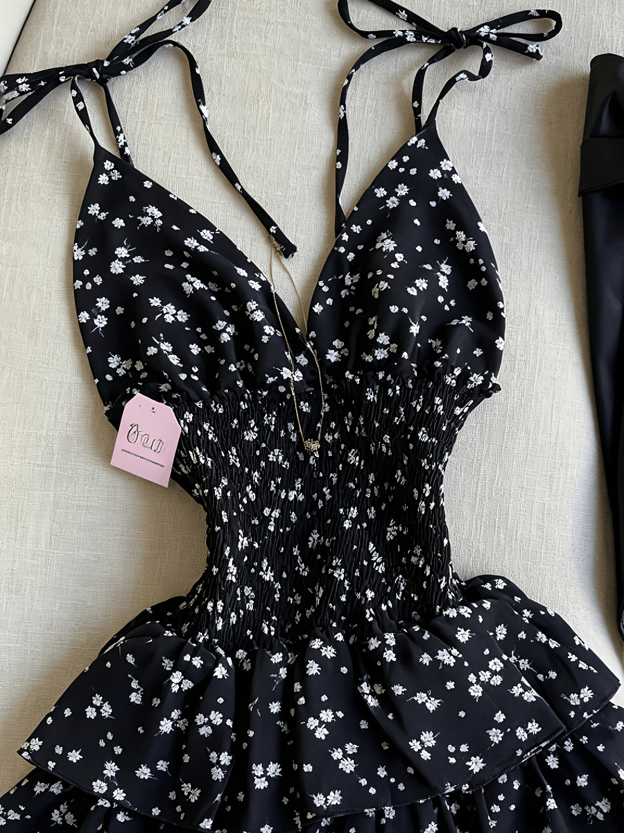 Women's Small Floral Print Spaghetti Suspender Dress - Black